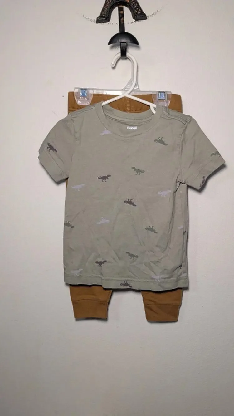 Boys Size 2T Outfit - Pekkle Gray Dino T-shirt + Garanimals Tan Sweatpants